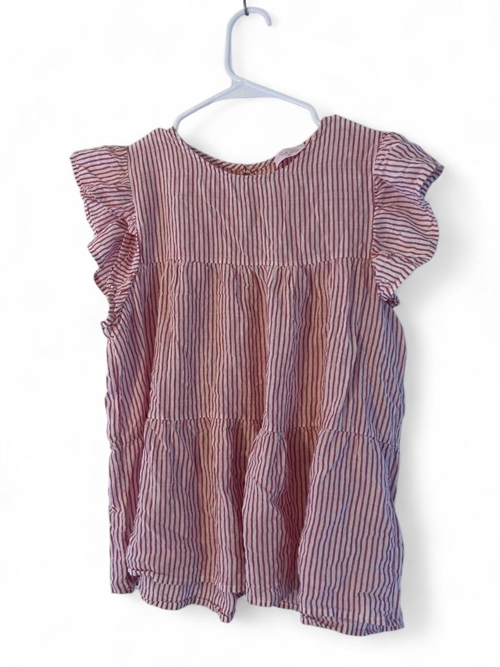 Pink Lily Pink and White Seersucker Striped Ruffle Sleeve Blouse